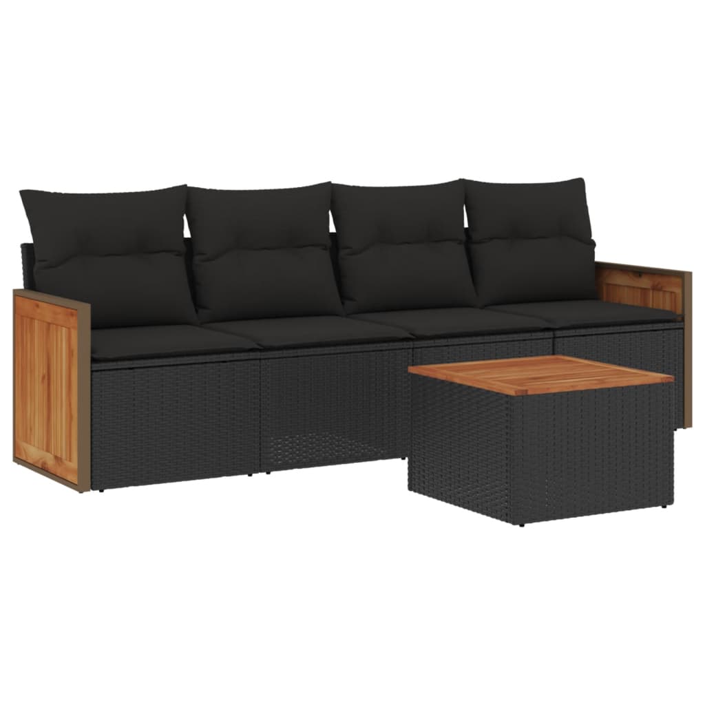 5-delige Loungeset met kussens poly rattan zwart