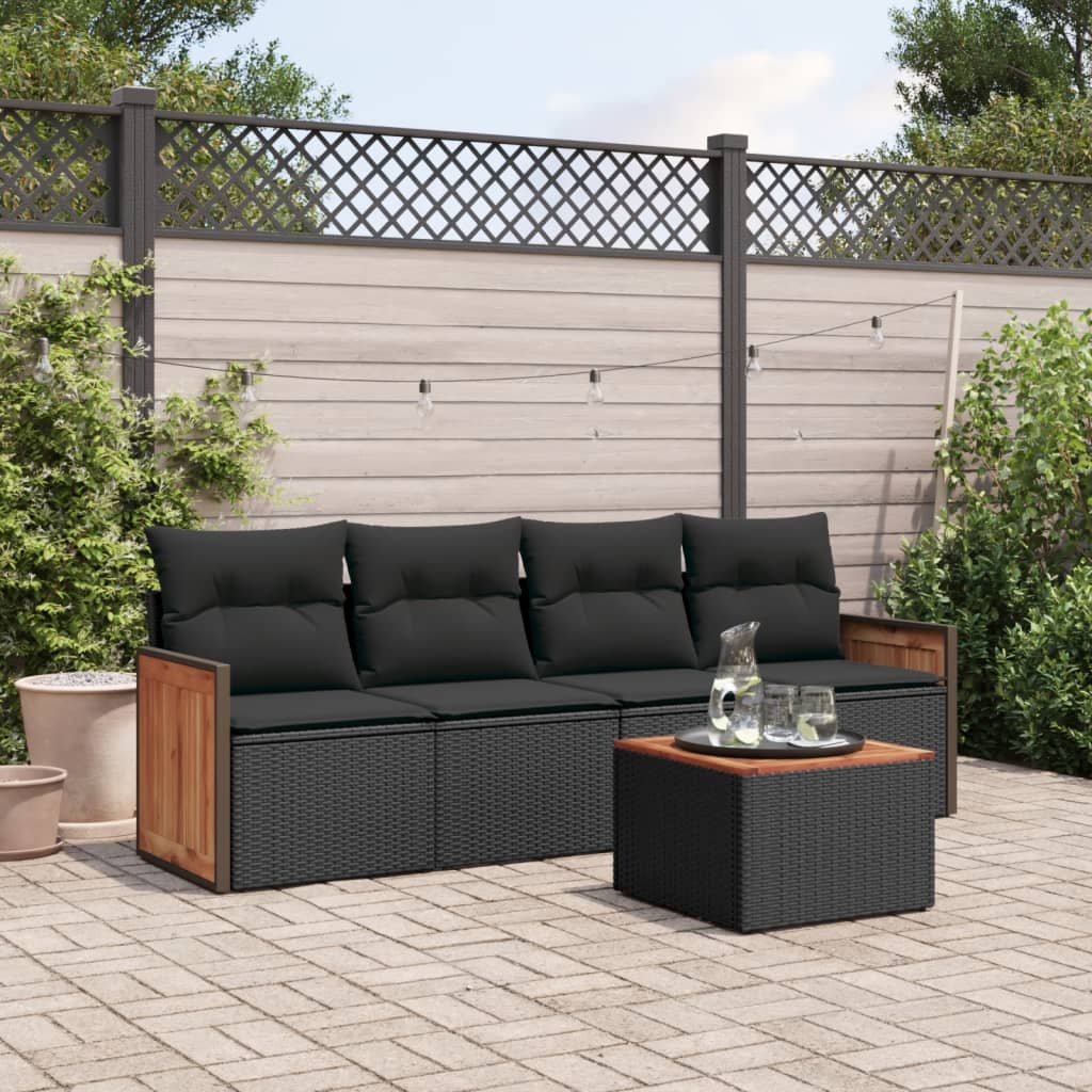 5-delige Loungeset met kussens poly rattan zwart