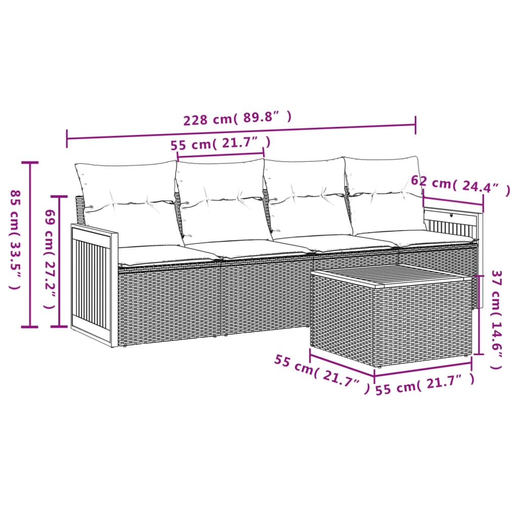 5-delige Loungeset met kussens poly rattan beige