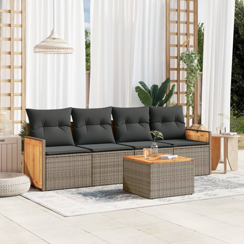 5-delige Loungeset met kussens poly rattan grijs