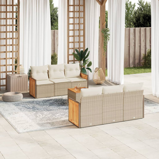 7-delige Loungeset met kussens poly rattan beige