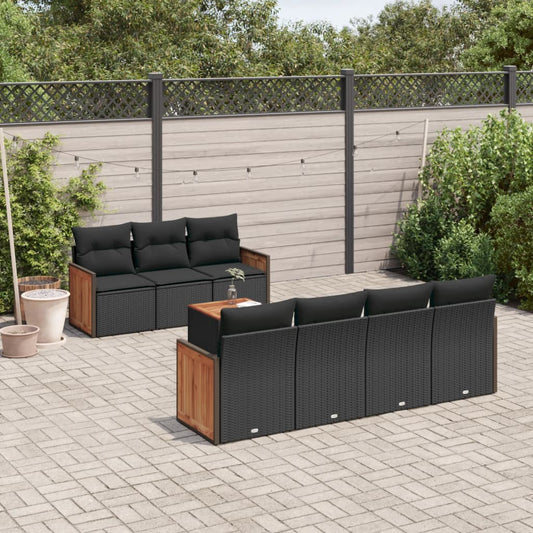 8-delige Loungeset met kussens poly rattan zwart