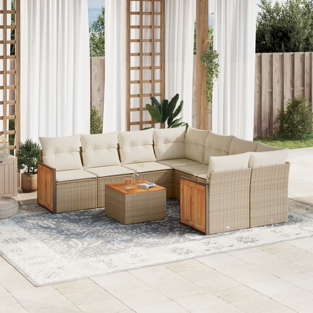 9-delige Loungeset met kussens poly rattan beige