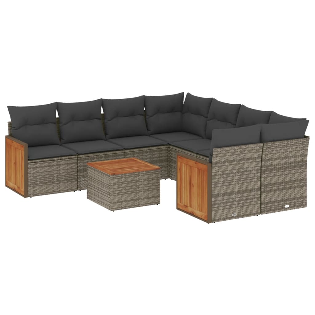 9-delige Loungeset met kussens poly rattan grijs