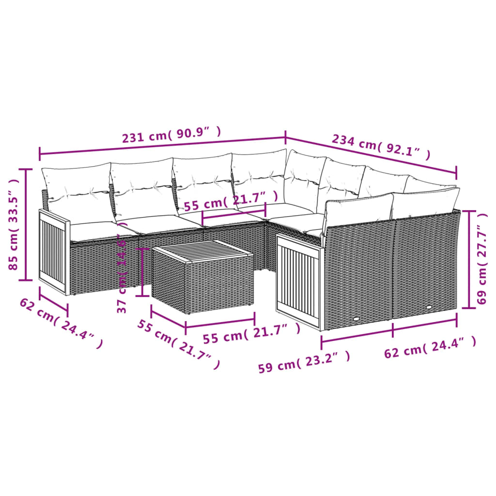 9-delige Loungeset met kussens poly rattan grijs