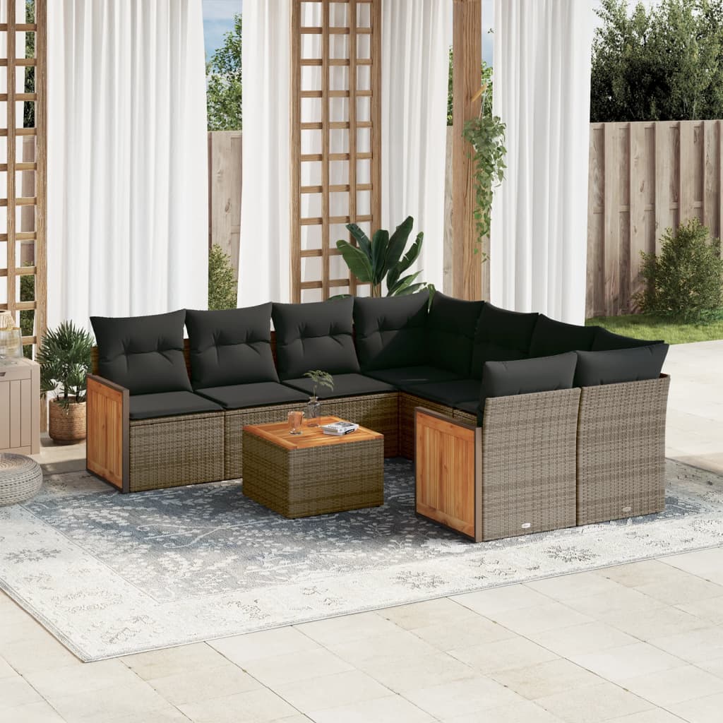 9-delige Loungeset met kussens poly rattan grijs