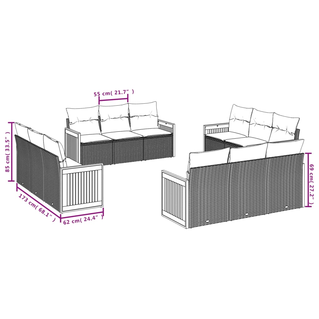 12-delige Loungeset met kussens poly rattan zwart