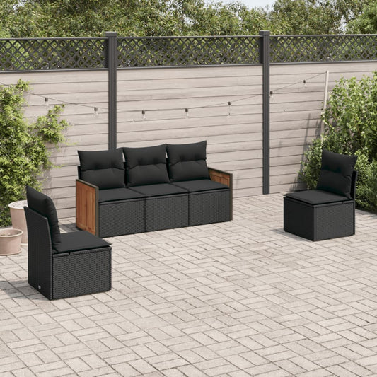 5-delige Loungeset met kussens poly rattan zwart