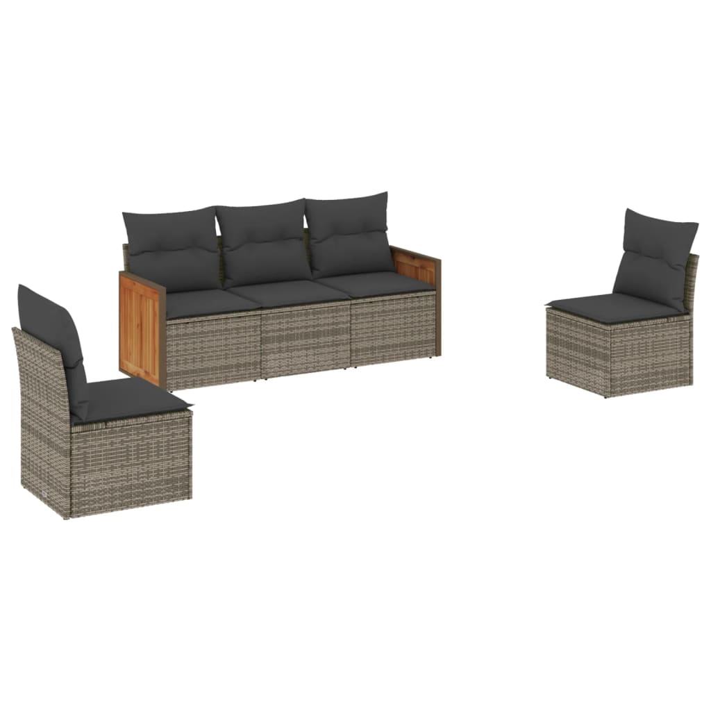 5-delige Loungeset met kussens poly rattan grijs