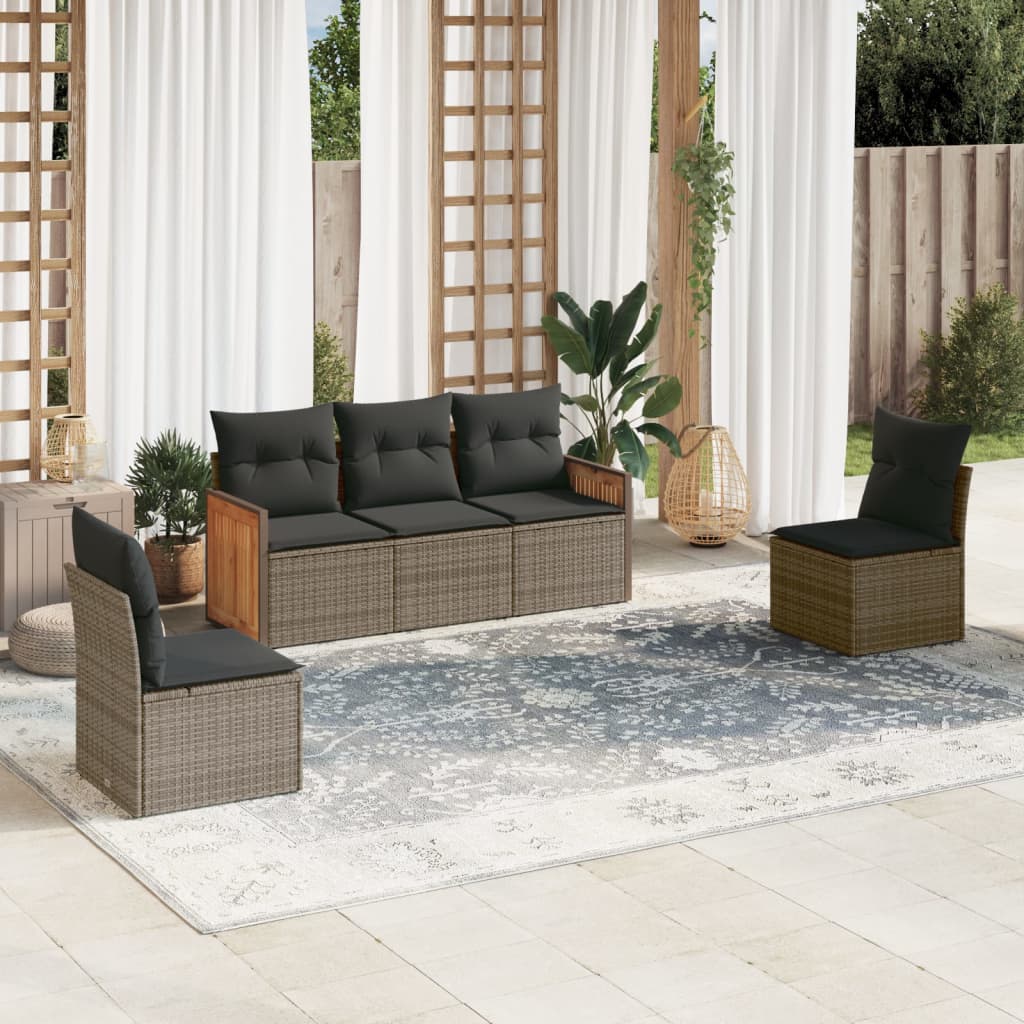 5-delige Loungeset met kussens poly rattan grijs