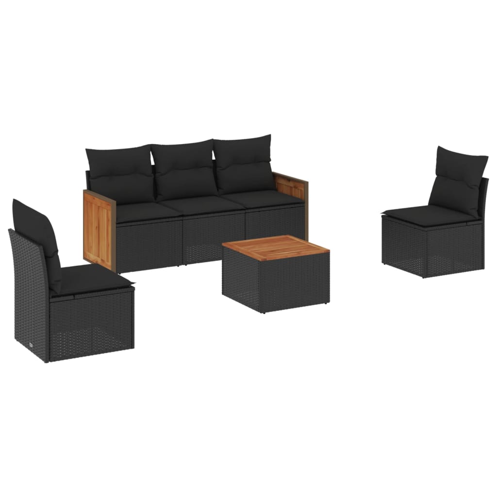 6-delige Loungeset met kussens poly rattan zwart