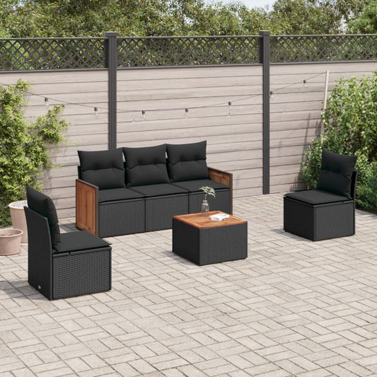 6-delige Loungeset met kussens poly rattan zwart