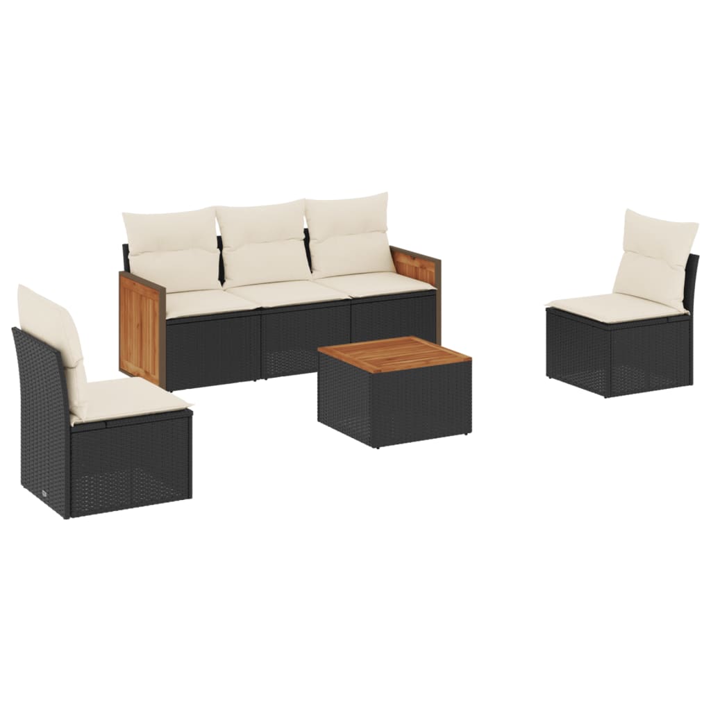 6-delige Loungeset met kussens poly rattan zwart