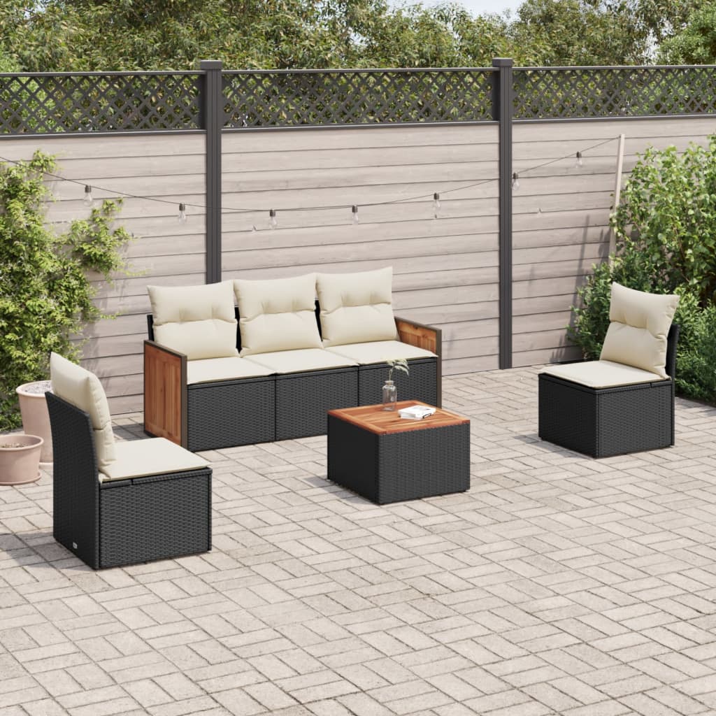 6-delige Loungeset met kussens poly rattan zwart