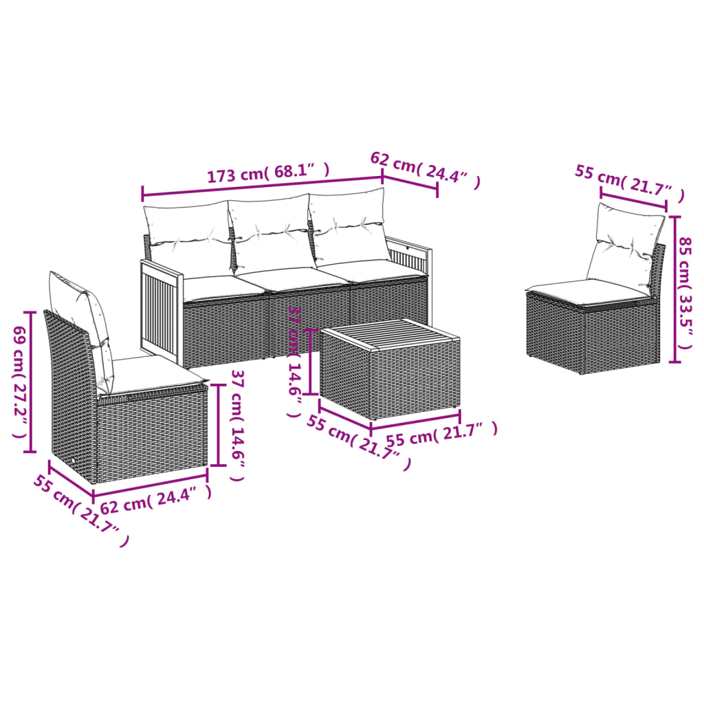 6-delige Loungeset met kussens poly rattan grijs