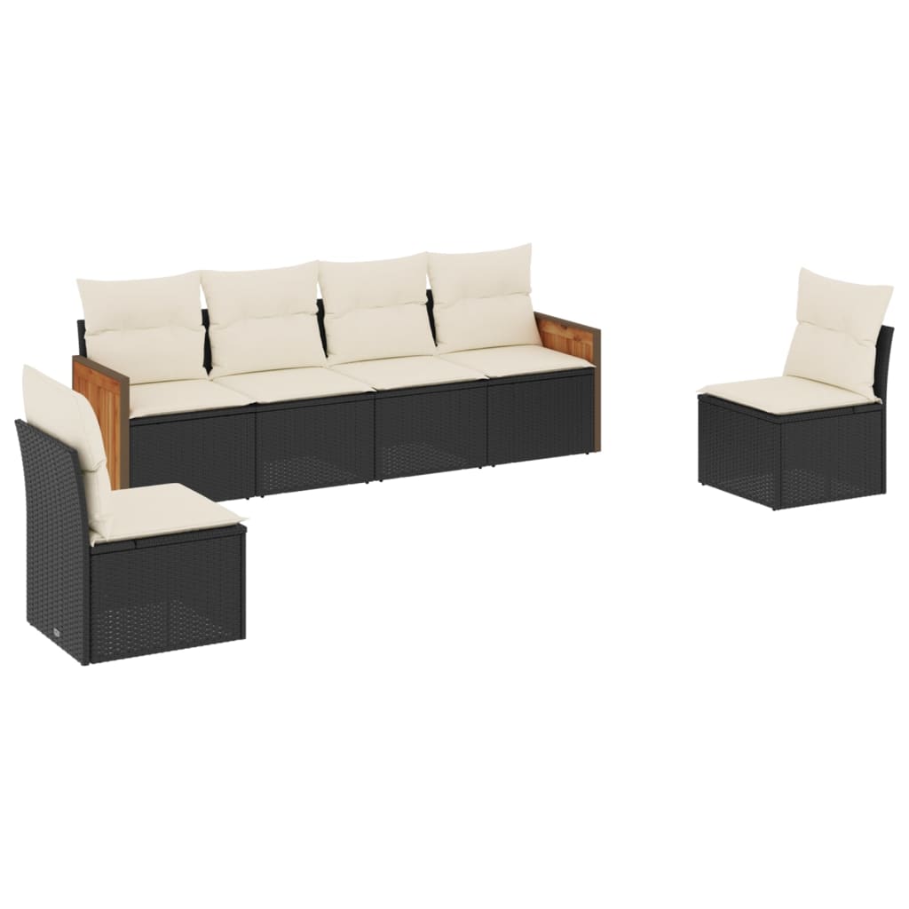 6-delige Loungeset met kussens poly rattan zwart