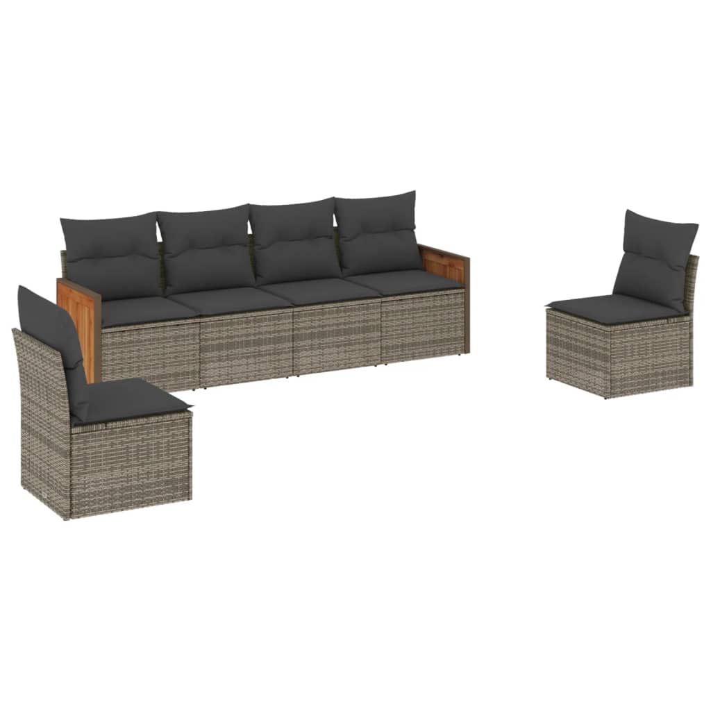 6-delige Loungeset met kussens poly rattan grijs