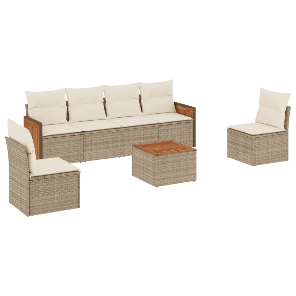 7-delige Loungeset met kussens poly rattan beige