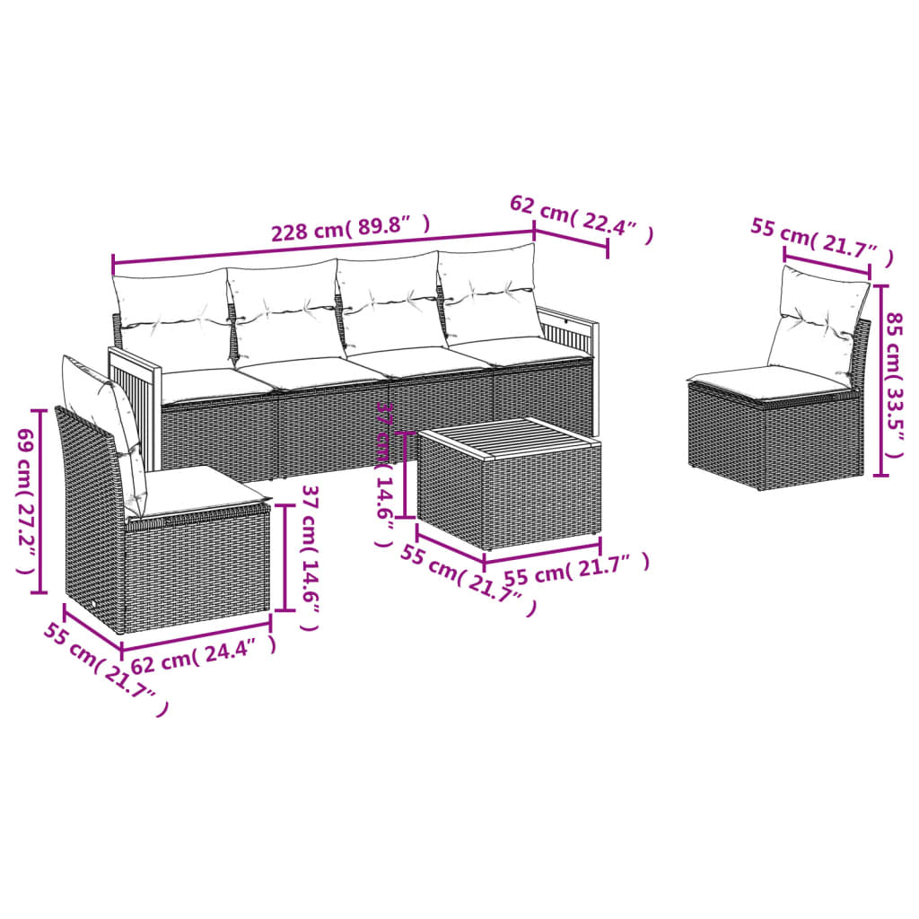 7-delige Loungeset met kussens poly rattan beige