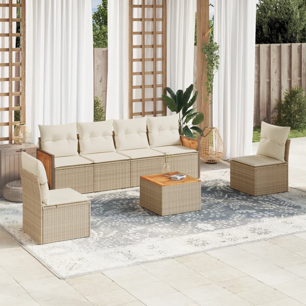 7-delige Loungeset met kussens poly rattan beige