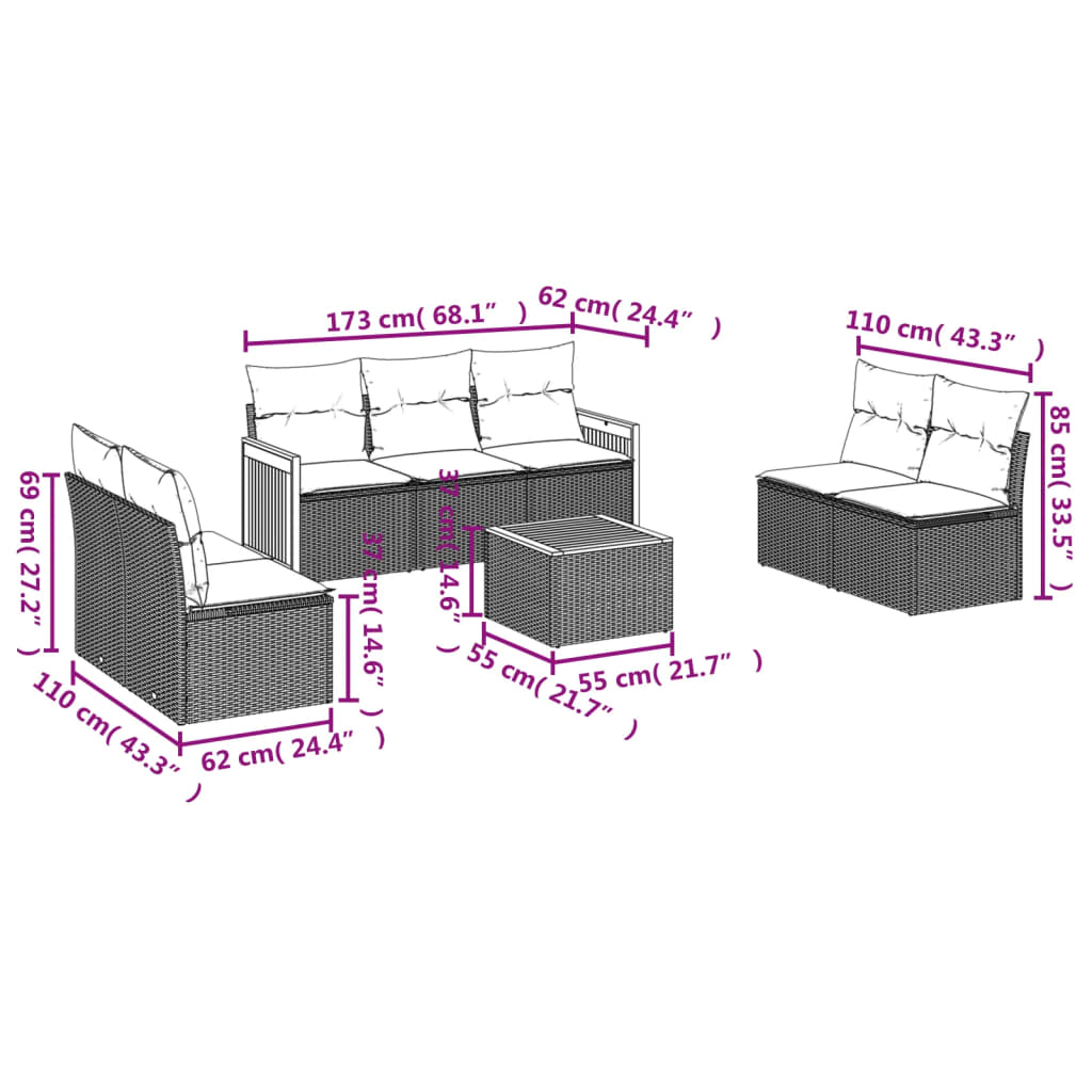 8-delige Loungeset met kussens poly rattan grijs