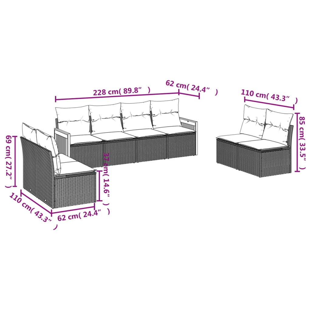 8-delige Loungeset met kussens poly rattan grijs