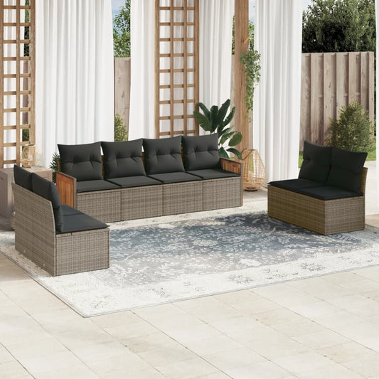 8-delige Loungeset met kussens poly rattan grijs