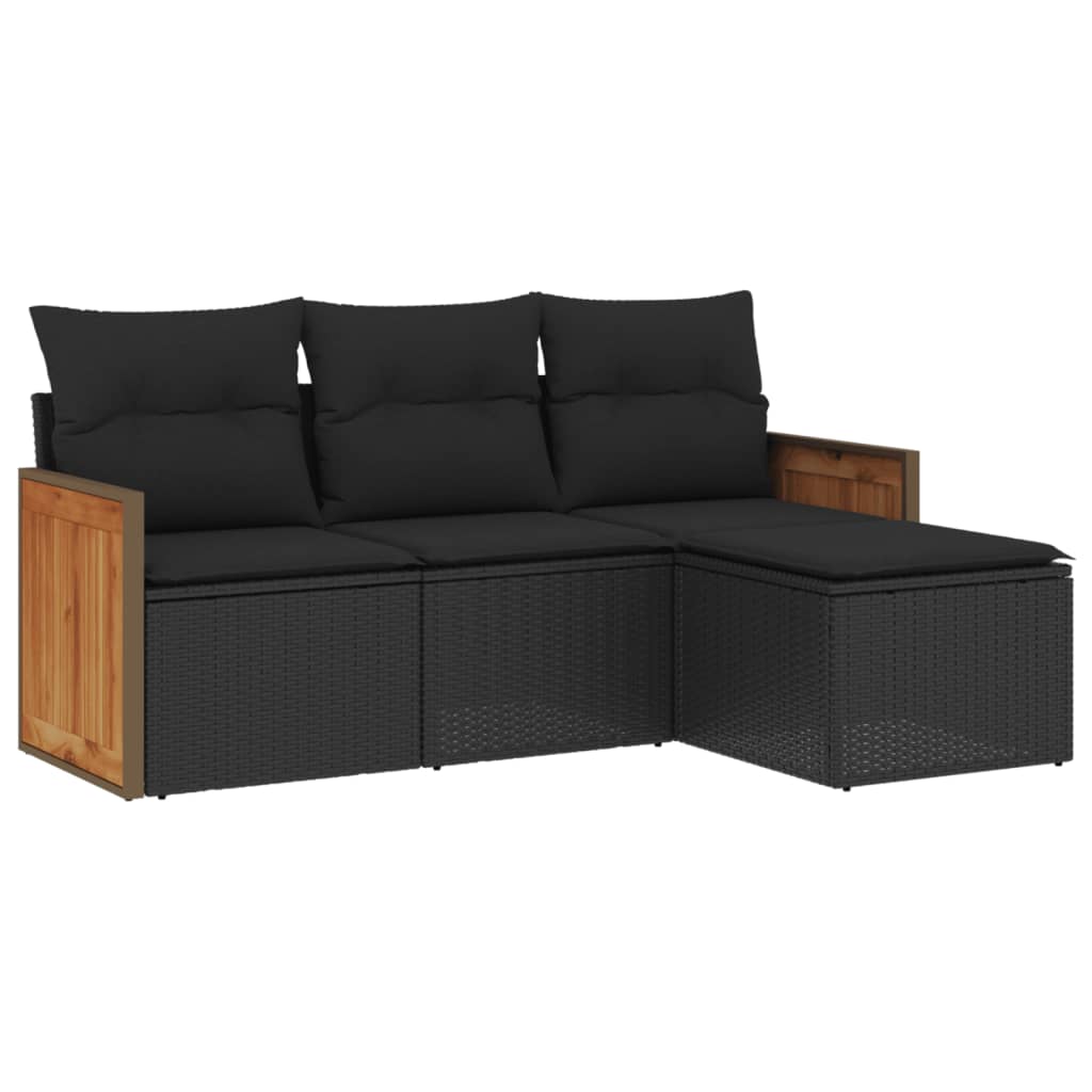 4-delige Loungeset met kussens poly rattan zwart