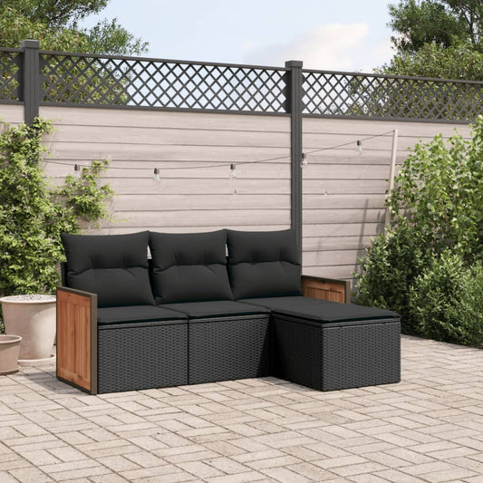 4-delige Loungeset met kussens poly rattan zwart