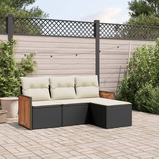 4-delige Loungeset met kussens poly rattan zwart