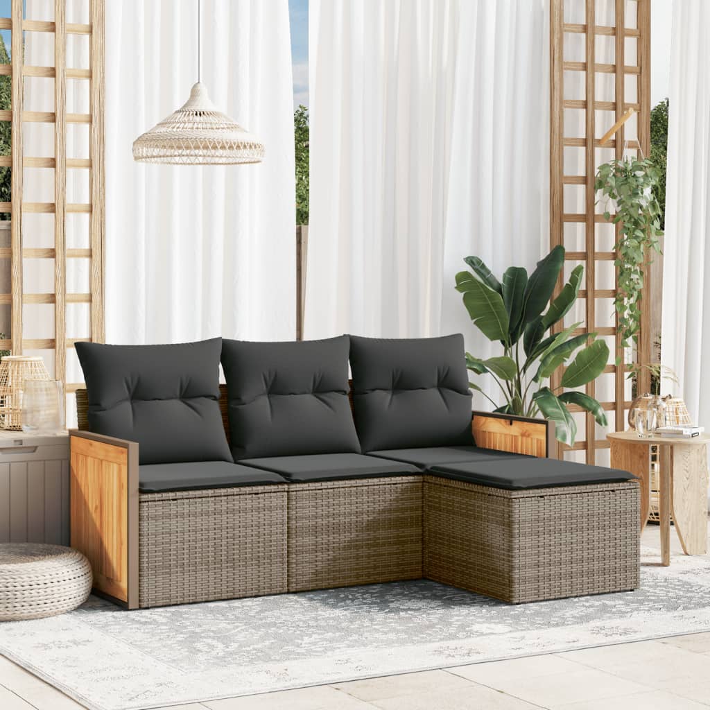 4-delige Loungeset met kussens poly rattan grijs