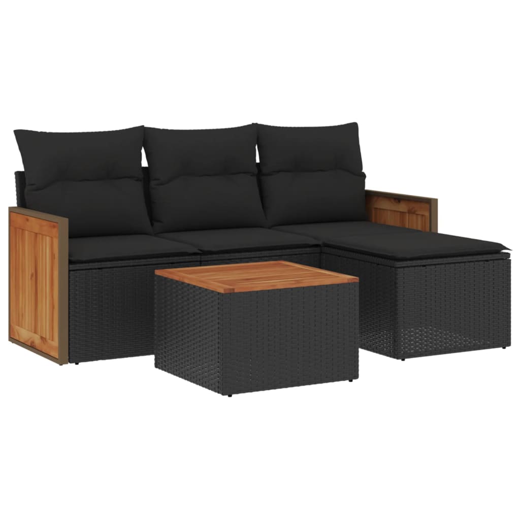 5-delige Loungeset met kussens poly rattan zwart