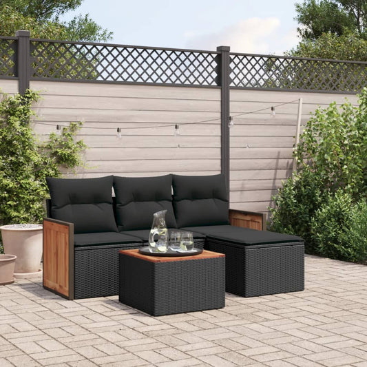 5-delige Loungeset met kussens poly rattan zwart