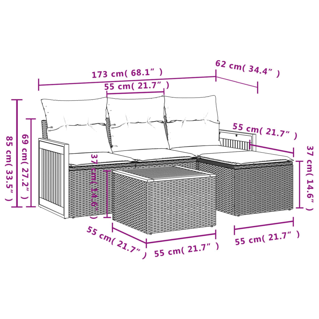 5-delige Loungeset met kussens poly rattan beige