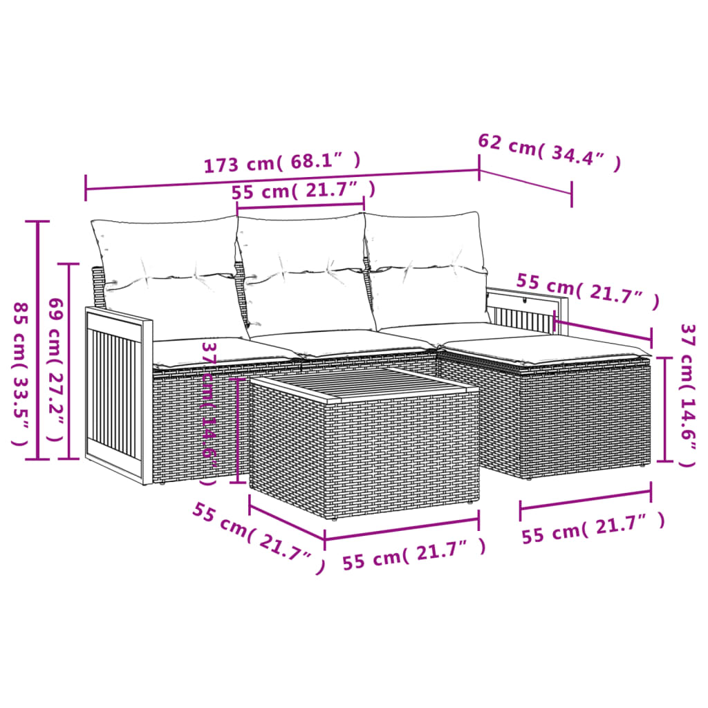 5-delige Loungeset met kussens poly rattan grijs