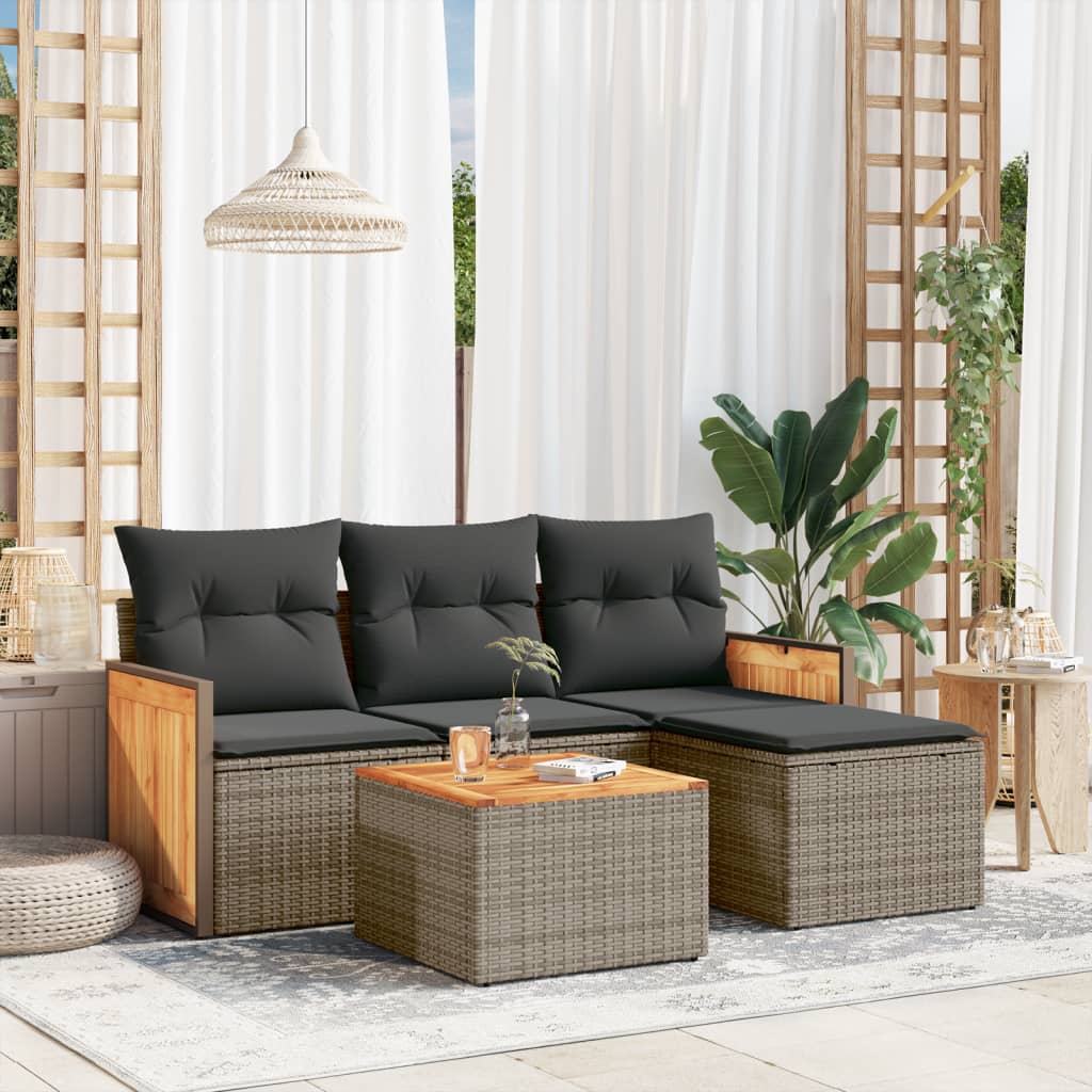 5-delige Loungeset met kussens poly rattan grijs