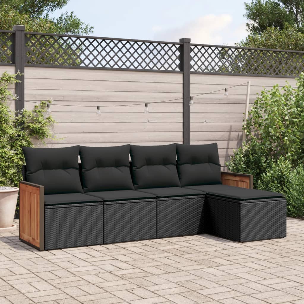 5-delige Loungeset met kussens poly rattan zwart