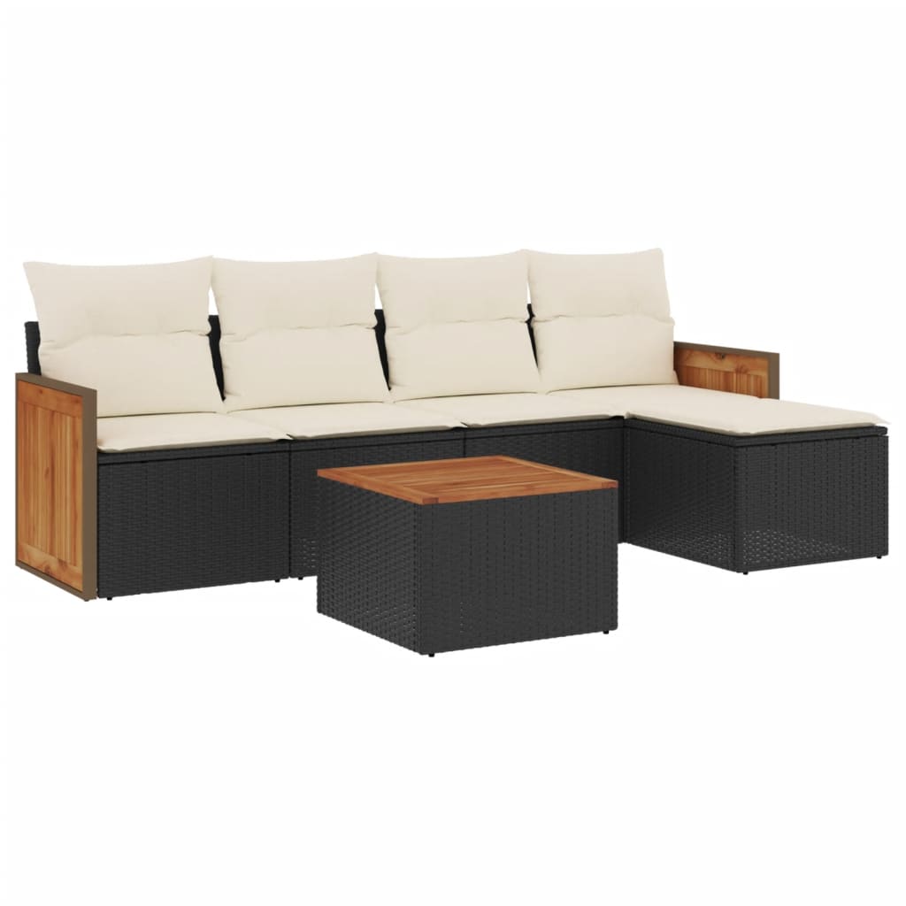 6-delige Loungeset met kussens poly rattan zwart