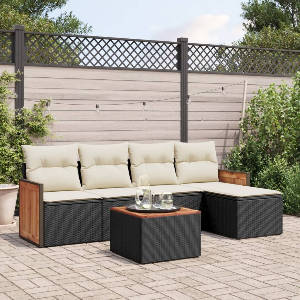 6-delige Loungeset met kussens poly rattan zwart