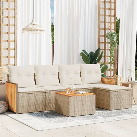 6-delige Loungeset met kussens poly rattan beige