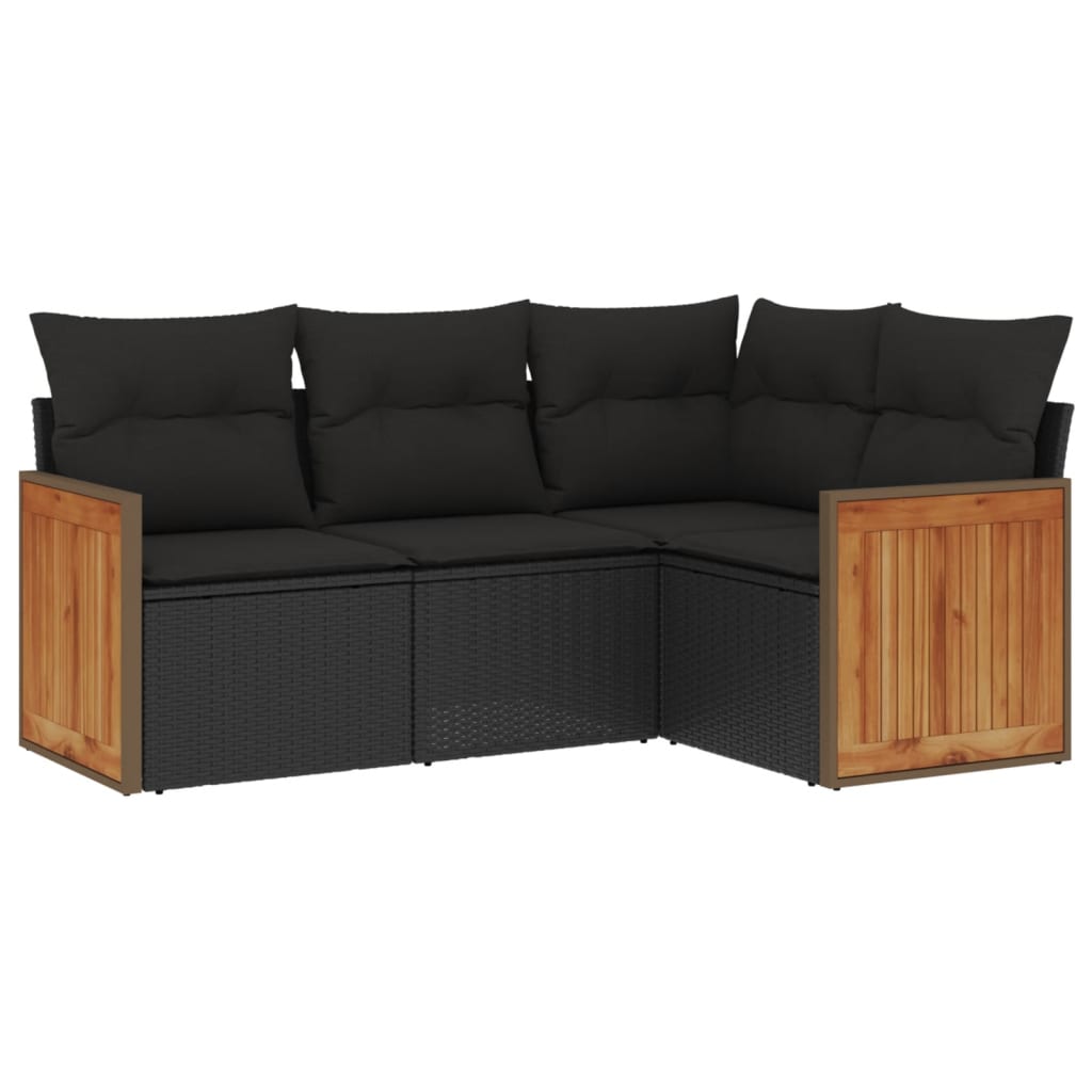 4-delige Loungeset met kussens poly rattan zwart