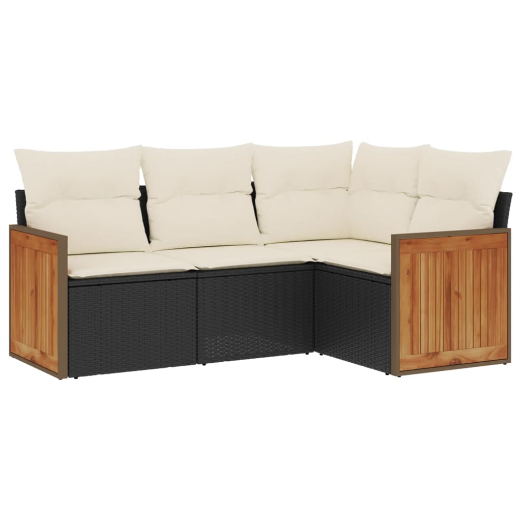 4-delige Loungeset met kussens poly rattan zwart