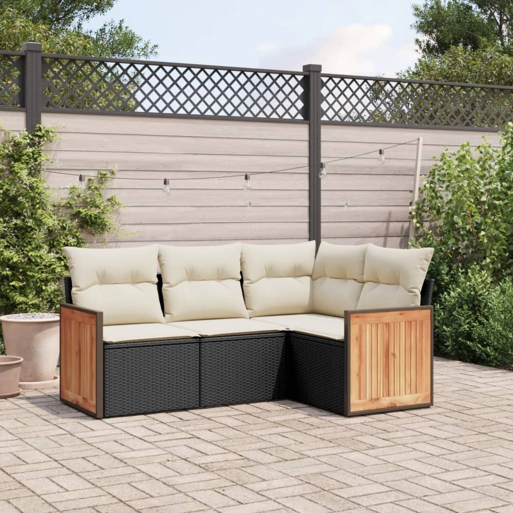 4-delige Loungeset met kussens poly rattan zwart