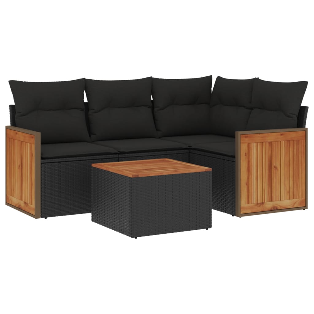 5-delige Loungeset met kussens poly rattan zwart