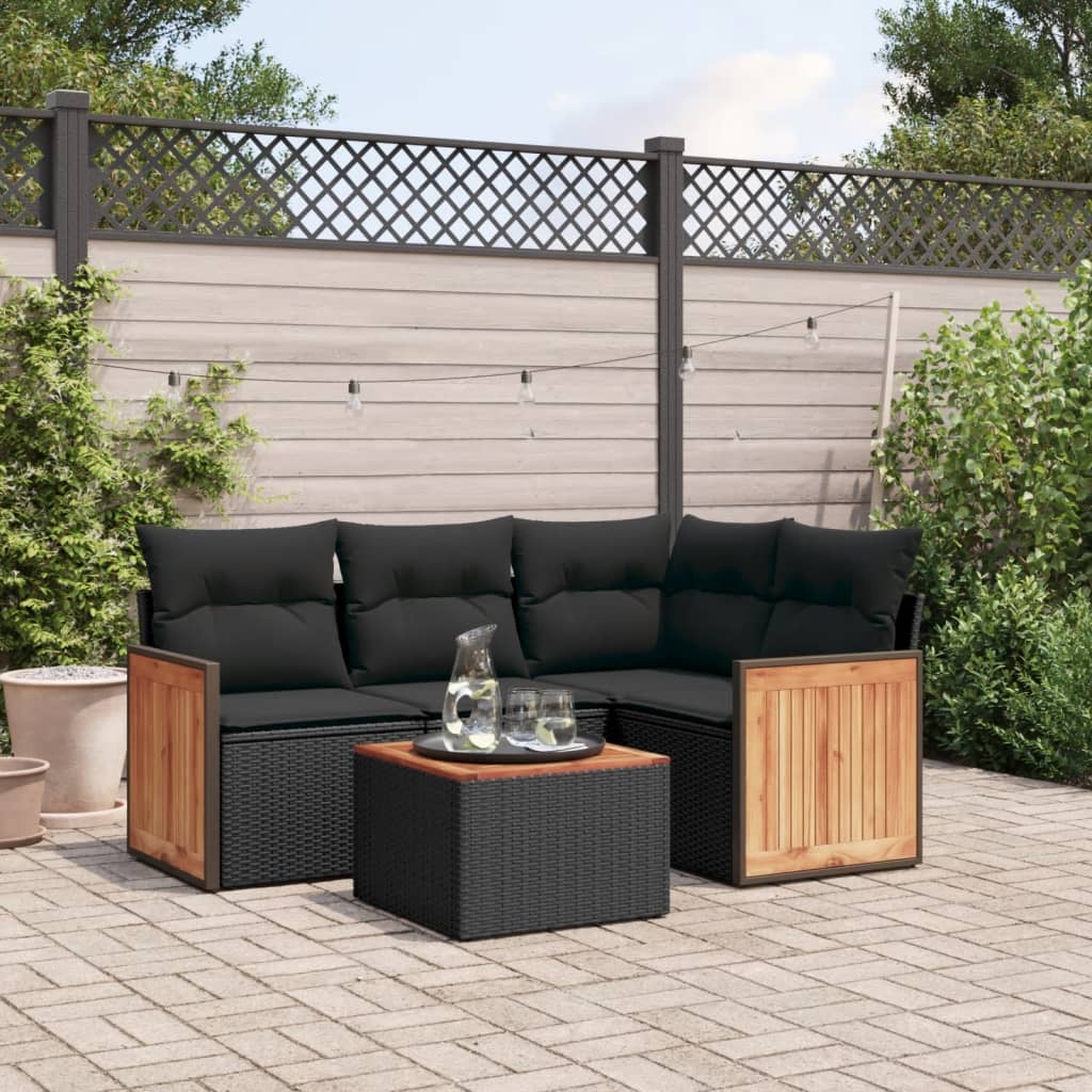 5-delige Loungeset met kussens poly rattan zwart