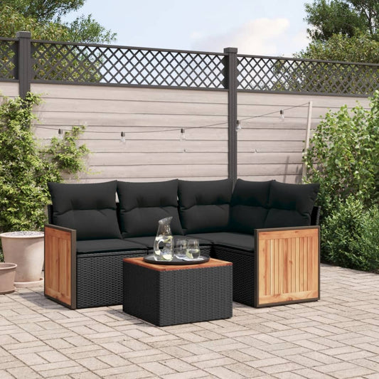 5-delige Loungeset met kussens poly rattan zwart