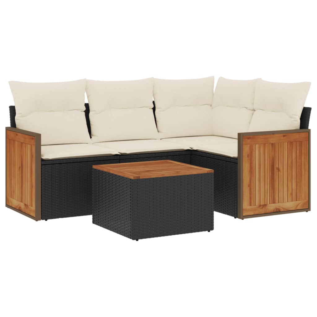 5-delige Loungeset met kussens poly rattan zwart