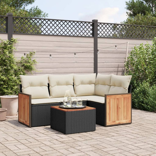 5-delige Loungeset met kussens poly rattan zwart