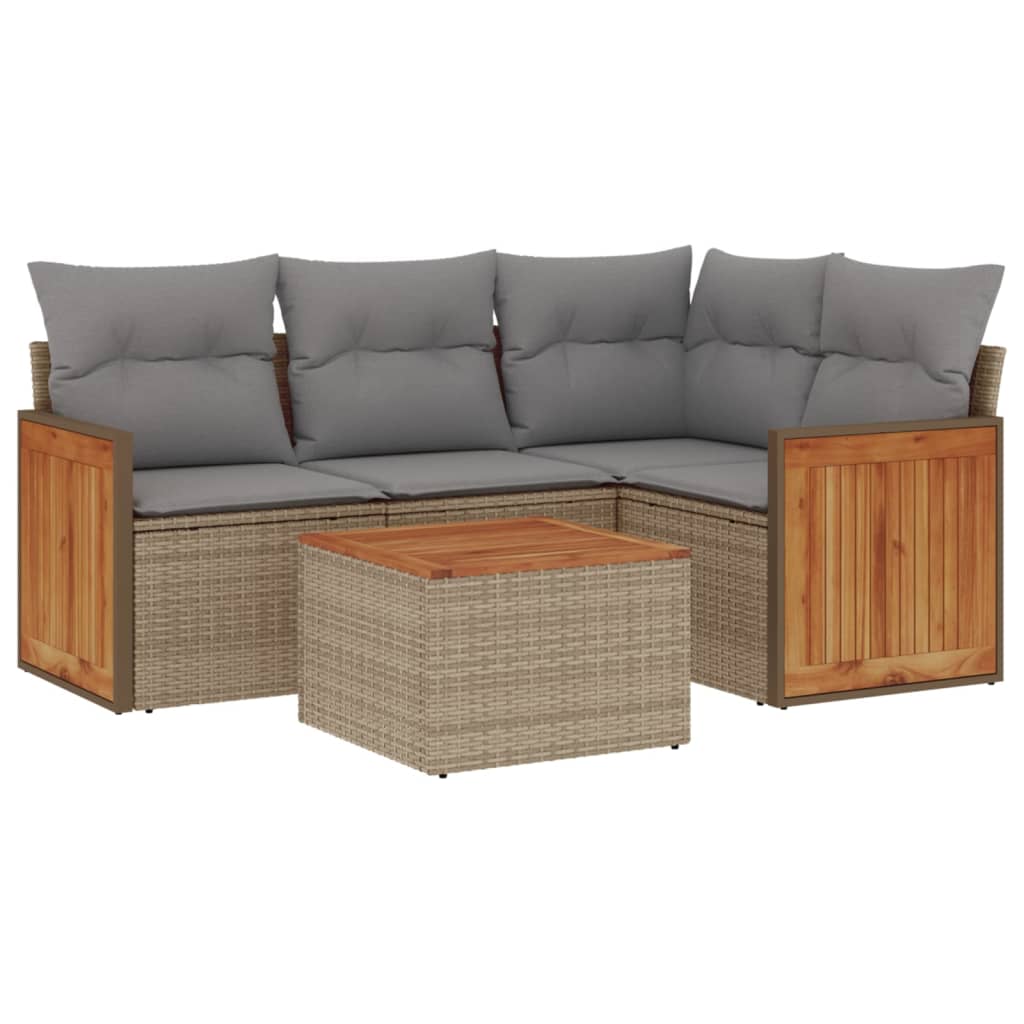 5-delige Loungeset met kussens poly rattan beige