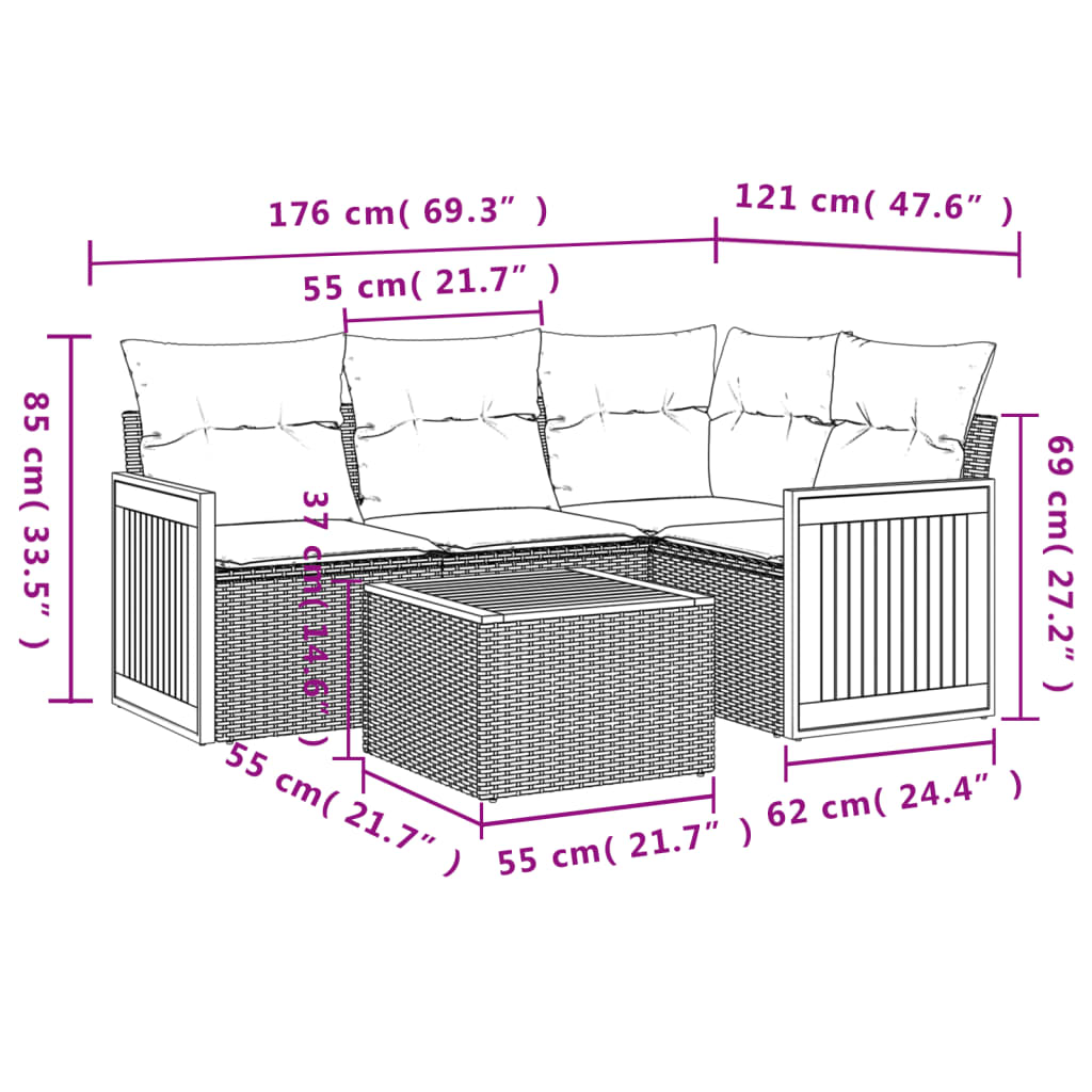 5-delige Loungeset met kussens poly rattan beige